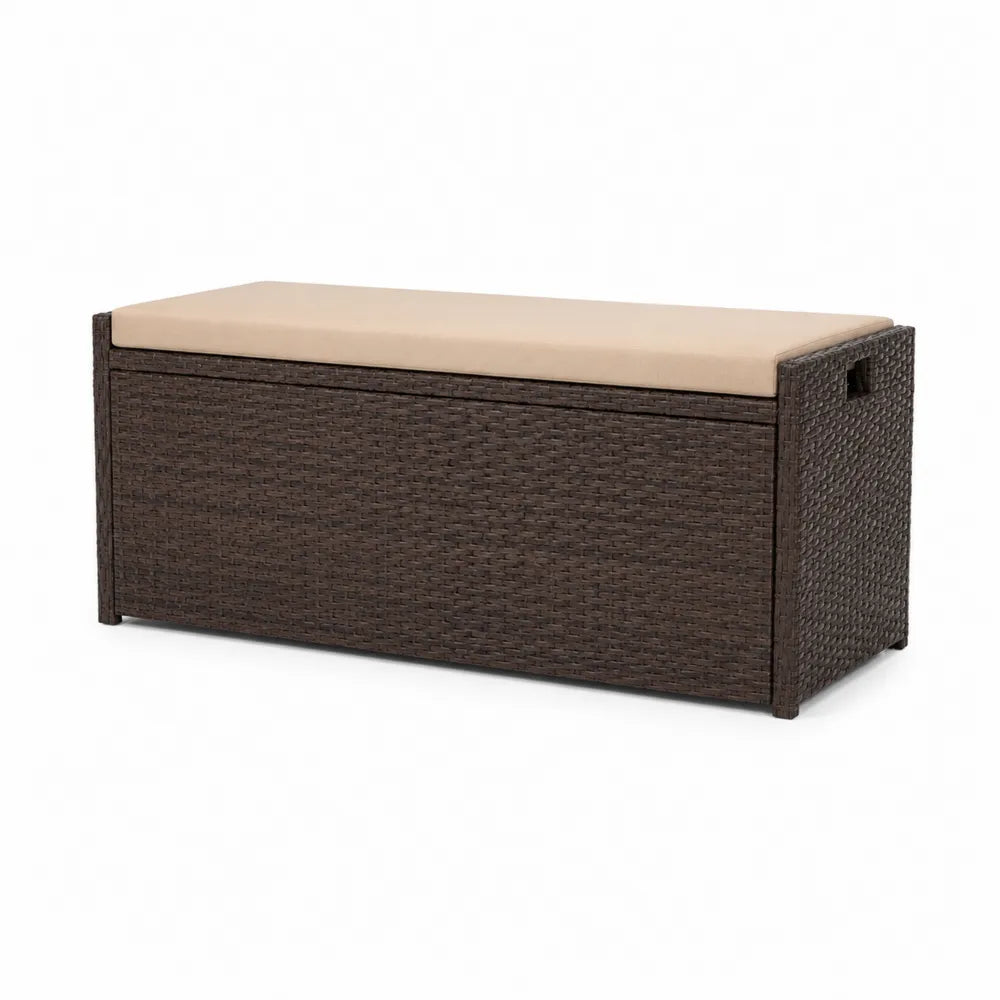 Polyrattan Garten Aufbewahrungsbox Braun mit Polyester Sitzkissen Beige