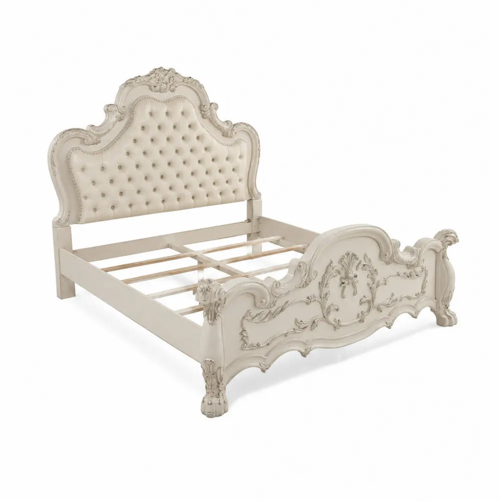 Holzbett mit PU-Leder in Creme 200x160 cm