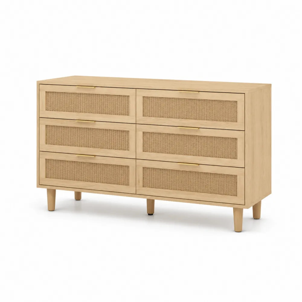Kommode mit 6 Schubladen aus Holz und Rattan, 120x40x80 cm