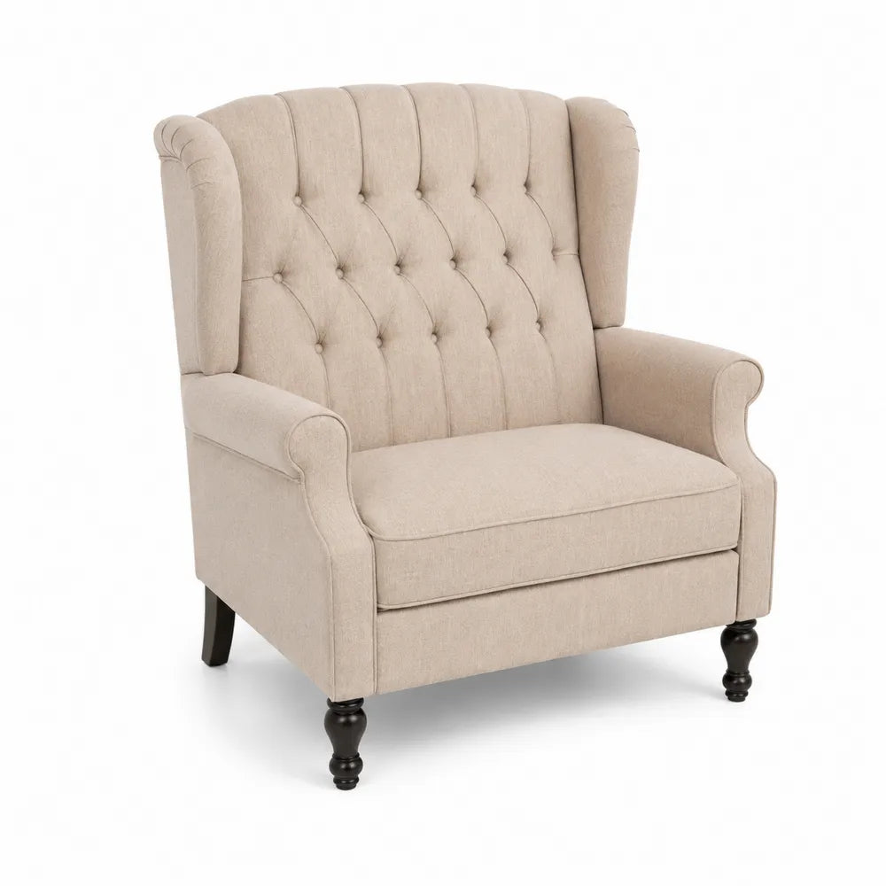 Ohrenbackensessel Stoff Beige mit Holzbeinen